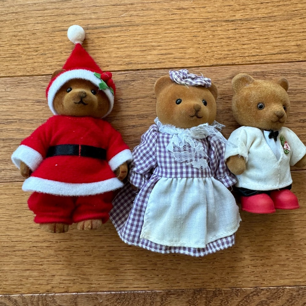 3 Vintage Flocked Bear Toys